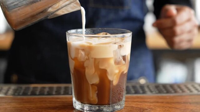 Barista pouring cream into iced coffee drink