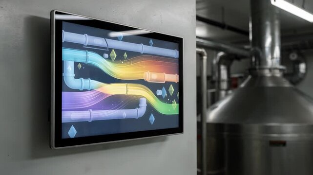 Medium shot of a touchscreen panel displaying realtime airflow adjustments for an automated compost aeration system with dynamic sensor feedback