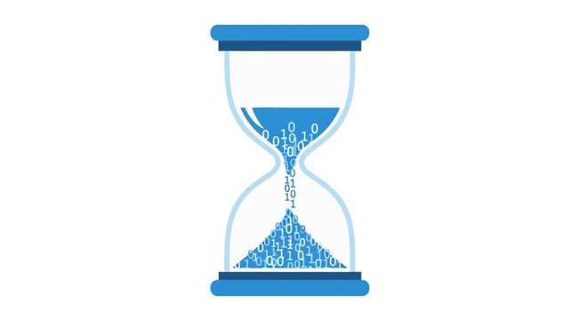Digital Hourglass Illustration with Binary Code Flowing Down, Concept of Data Time Management, Information Technology, and Big Data Processing