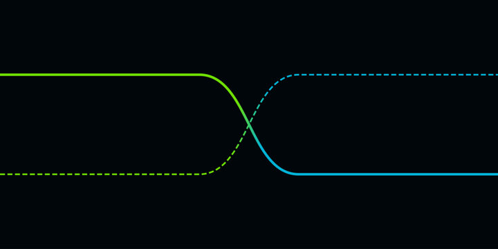 Abstract illustration of two lines crossing and blending with vibrant green and blue colors.