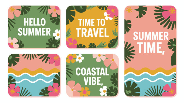 summer travel cards vector illustration holiday vacation beach coastal vibe hello time floral pattern background white design graphic seasonal tropical leaves