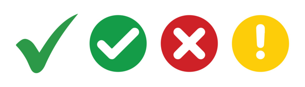 Circular notification icons for check mark cross mark and exclamation point for status updates.