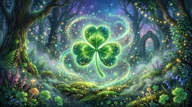 A vibrant, magical image features a glowing three-leaf clover at the center of a mystical forest.