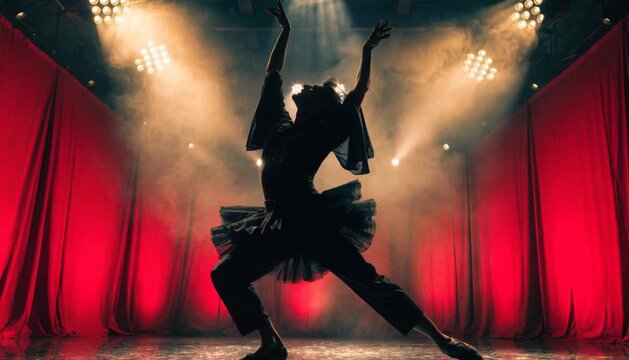 Dramatic silhouette of a ballet dancer performing an artistic pose on a theater stage with vibrant red curtains and cinematic spotlights. Professional dance performance in a dark theater.