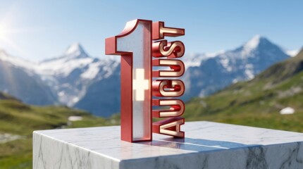 3D Rendering of 1 August Swiss National Day Text on Marble Podium