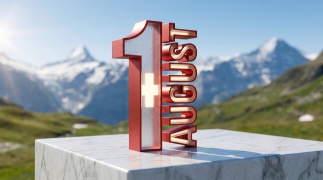 3D Rendering of 1 August Swiss National Day Text on Marble Podium
