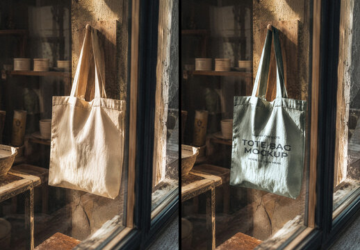 Tote Bag Hanging in Window Mockup
