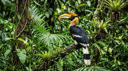 Obraz premium A striking hornbill perches on a branch amidst lush tropical foliage.