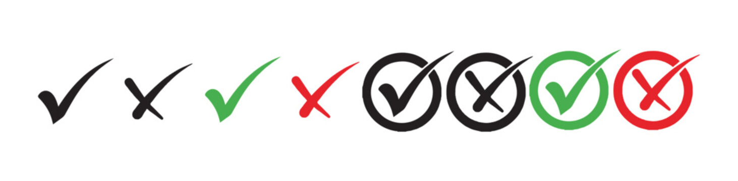 Collection of checkmarks and crosses in circles, green and red, vector icons.