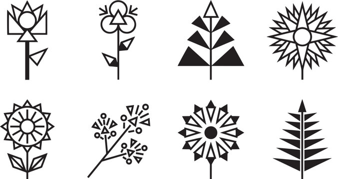 Modern line art floral logo emblems pack, sharp geometric nature signs for eco branding, spring blooming and harvest