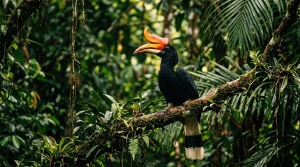 Obraz premium A male hornbill perches on a dark branch within a lush, green forest.