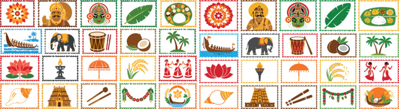 Onam Festival Stamp Set with Traditional Kerala Symbols and Pookalam Designs