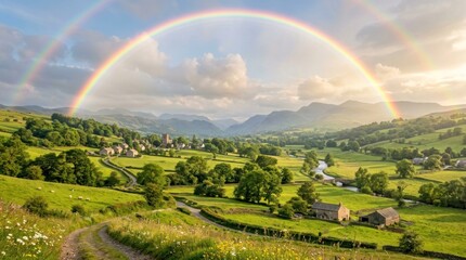 Fototapeta premium A vibrant rainbow arcs across a picturesque valley, illuminating a serene landscape.