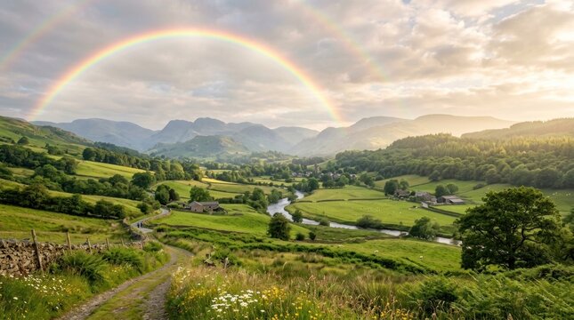 A vibrant landscape showcases a double rainbow arcing over rolling green hills and a meandering river.