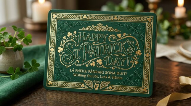 A festive image displays a decorative green card with gold lettering announcing "Happy St.