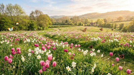 Obraz premium A vibrant landscape showcases a sprawling field filled with colorful wildflowers, primarily pink and white tulips and daffodils.