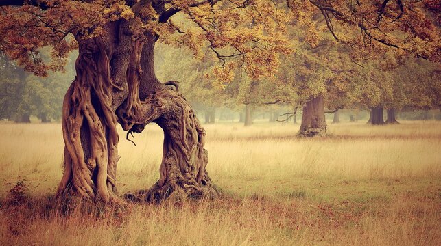 Mature and young trees intertwined, branches bracing each other in autumn wind, soft warm metaphor for family support