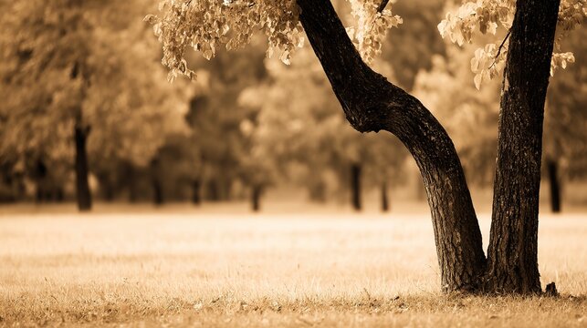 Intertwined trees in autumn, mature and young branches gently holding, soft warm light symbolizing family adjustment