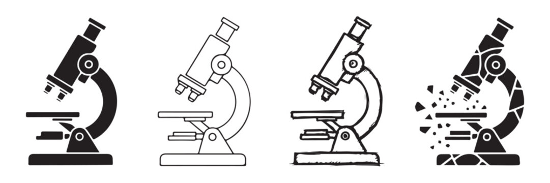 Professional laboratory microscope icons showing various artistic treatments. Science instrument symbols for research education biology and medical study.