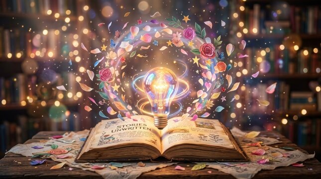 A glowing lightbulb bursts forth from an open book, surrounded by swirling floral and star-shaped elements.