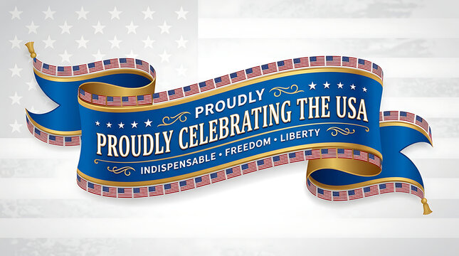 Proudly celebrating the usa blue ribbon banner with flag pattern and text