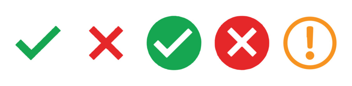 Collection of check and cross icons with status indicators on transparent background.