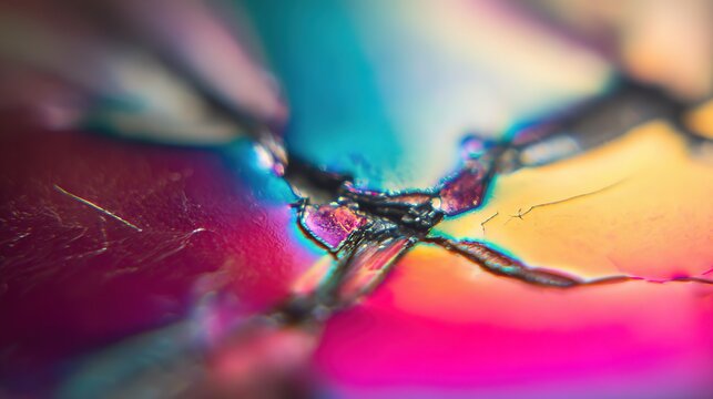 Iridescent tooth enamel macro with diamond fractures glowing in blue light, representing remarkable toughness