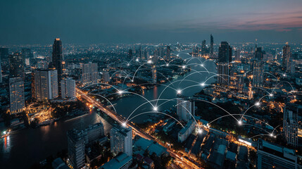 Fototapeta premium Smart digital Innovation city with connection network reciprocity over the cityscape. of future smart wireless digital city and social media networking systems that connects people with in city