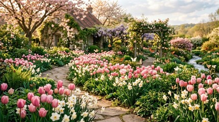 Obraz premium A charming cottage sits within a vibrant flower garden.
