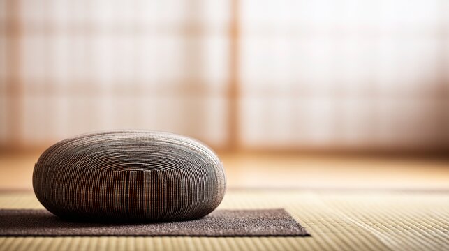 Zen meditation cushion on tatami mat, soft natural light creating calm, blurred background, simple japanese lifestyle aesthetic