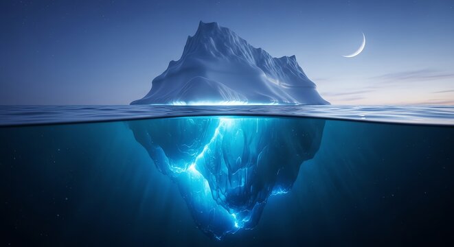 Glowing underwater iceberg illuminated by moonlight with crescent moon and ocean waves