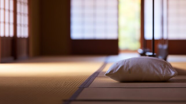 Meditation cushion on tatami mat, even soft light, zen minimalism, blurred neutral background, quiet introspective personal practice space