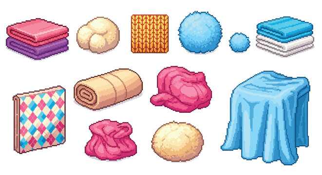 Pixel art collection of various soft textured objects like towels pillows and blankets rendered in vibrant colors isometric view.