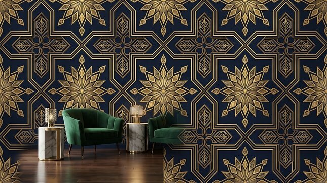 Elegant luxury interior design with ornate gold pattern on dark wall and plush green velvet furniture
