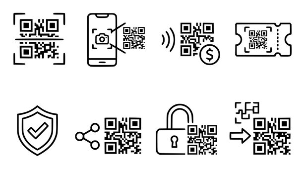 QR code outline icon set editable stroke vector scanning symbols collection