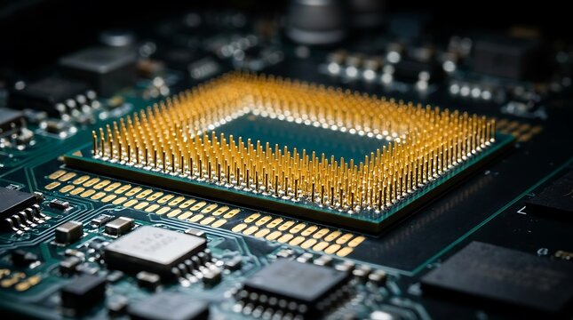 microprocessor on circuit board photo cpu central processing unit electronics technology hardware gold pins computer
