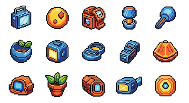 Pixel art game asset set featuring futuristic science fiction devices electronic gadgets small tech objects plant pots and industrial machinery components.