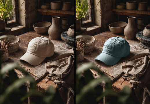 Baseball Hat on Creative Pottery Studio Bench Mockup