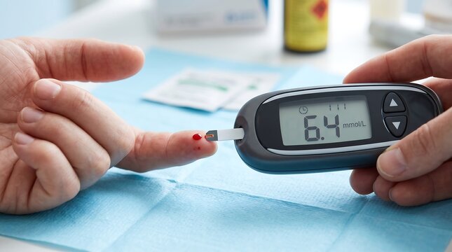 A close-up shot of a person performing a diabetes test, checking their blood sugar level with a glucose meter to monitor their health condition and ensure proper management