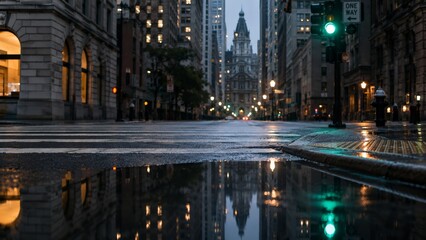 Naklejka premium Wet Historic Avenue Reflecting City Lights, Empty Street And Puddle Mirror Capture Ornate Stone Facades And Distant Cathedral Spire, Moody Twilight Sky, Traffic Signals Glowing, Asphalt
