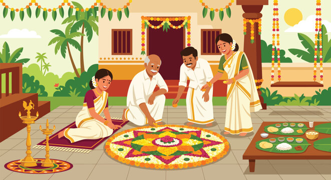 A joyful South Indian family wearing traditional white clothes creating a beautiful floral pookalam rangoli with a delicious sadhya feast for Culture and Religion.