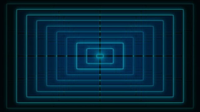 Abstract digital display of concentric rectangular neon light outlines glowing with vibrant cyan illumination against a dark gradient creating a sense of depth and technological visual effects