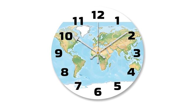 Clock face with world map background design.
