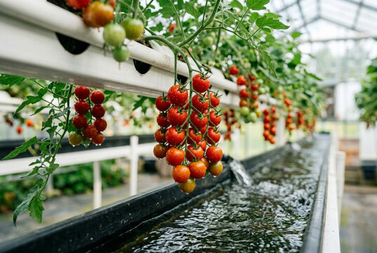 Fresh red tomatoes growing on water pipes in hydroponic greenhouse