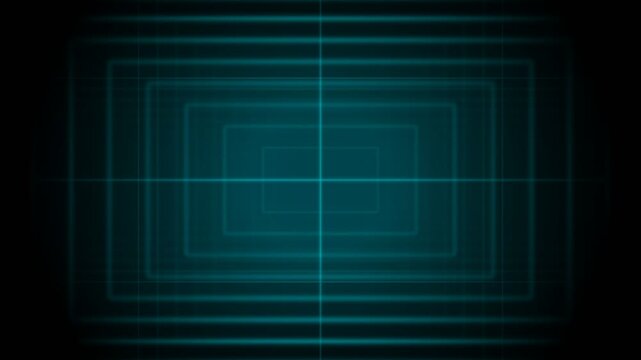 Abstract digital display with intersecting horizontal and vertical luminescent lines creating a geometric tunnel effect fading into darkness representing abstract technology and futuristic
