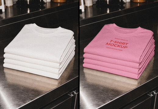 Stack of T-Shirts on Kitchen Bench Mockup
