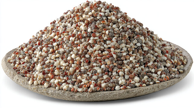 A mound of raw mixed multi-grain cereal on a textured stone plate with nutrition