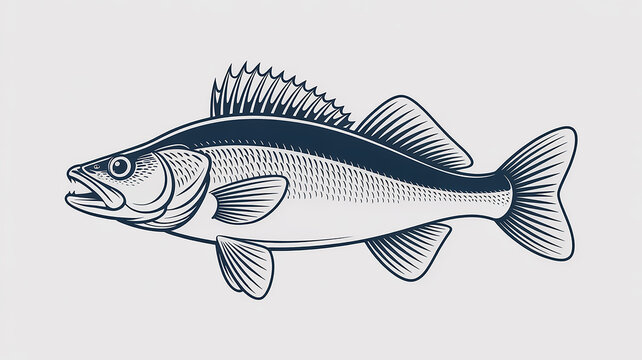 A detailed line art illustration of a walleye fish in navy blue and white colors