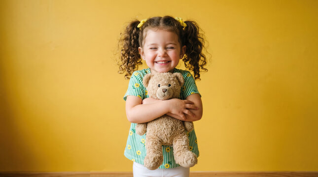 Joyful toddler hugging teddy bear against bright yellow wall