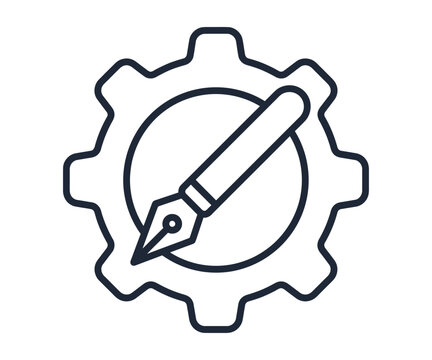 Gear icon with pen nib on white background